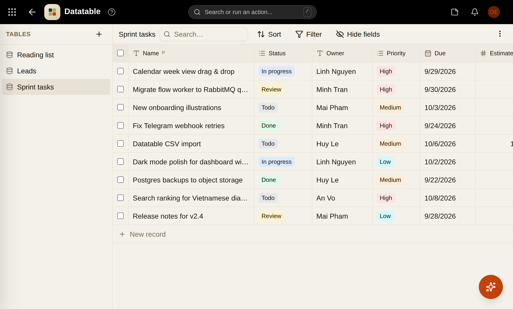 Datatable screenshot
